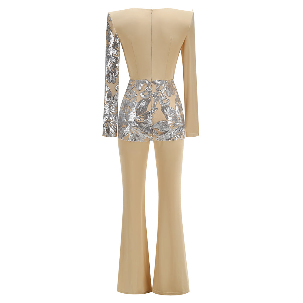 Long Sleeve Sequin Jumpsuit Sand Silver HV2059