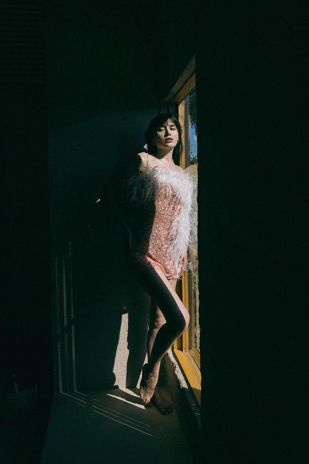 Feather Detail Sequin Midi Dress Pink White