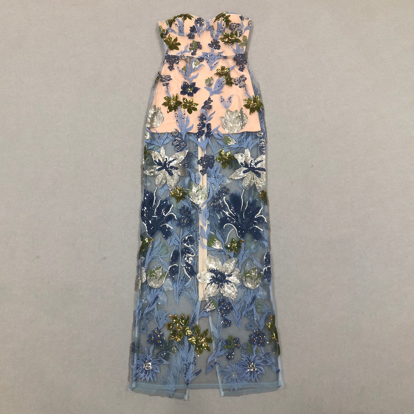 Strapless Sequin Embroidered Floral Maxi Dress Blue HV2099