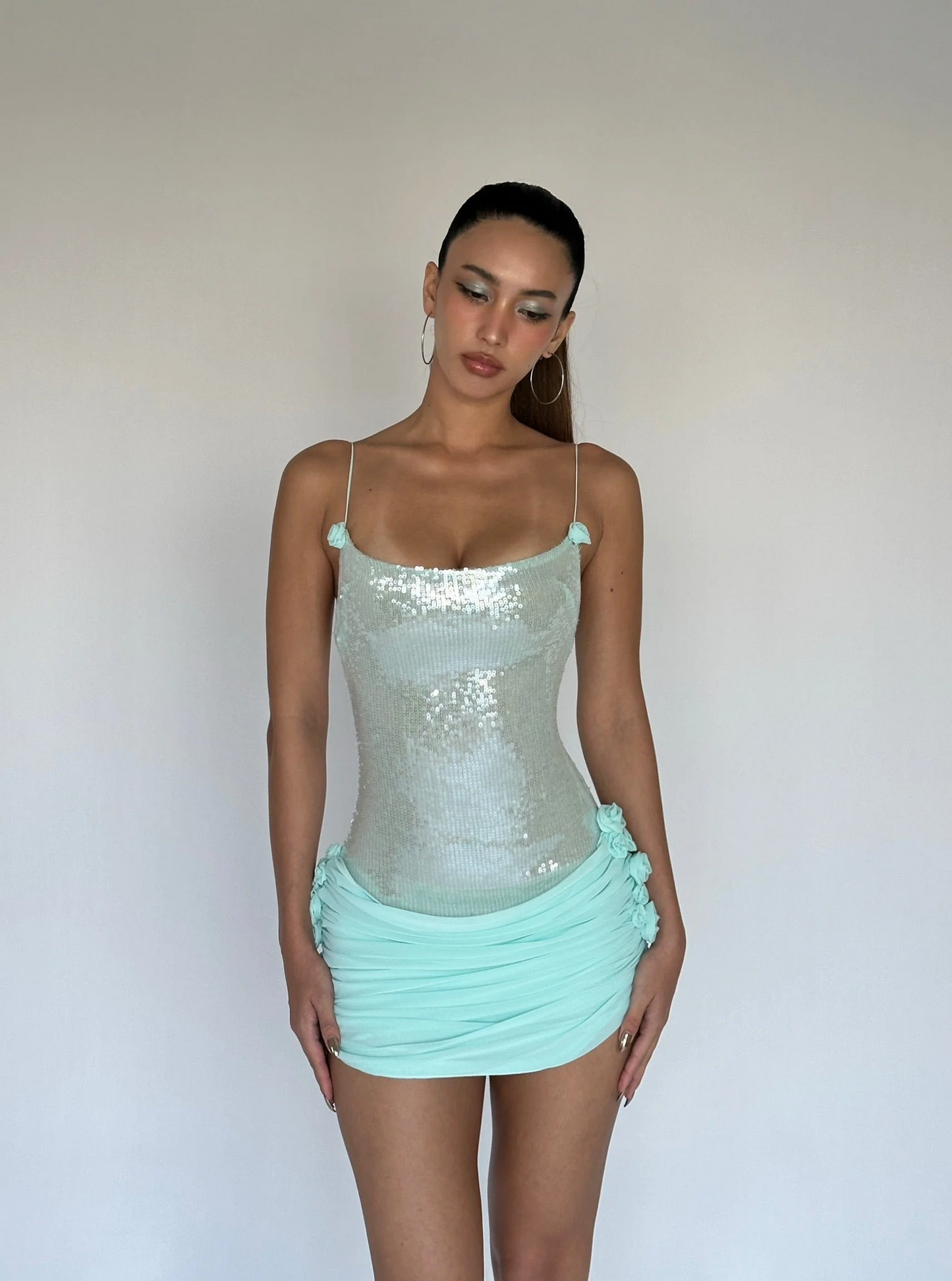 Sequin Floral Draped Corset Dress Green HV2207