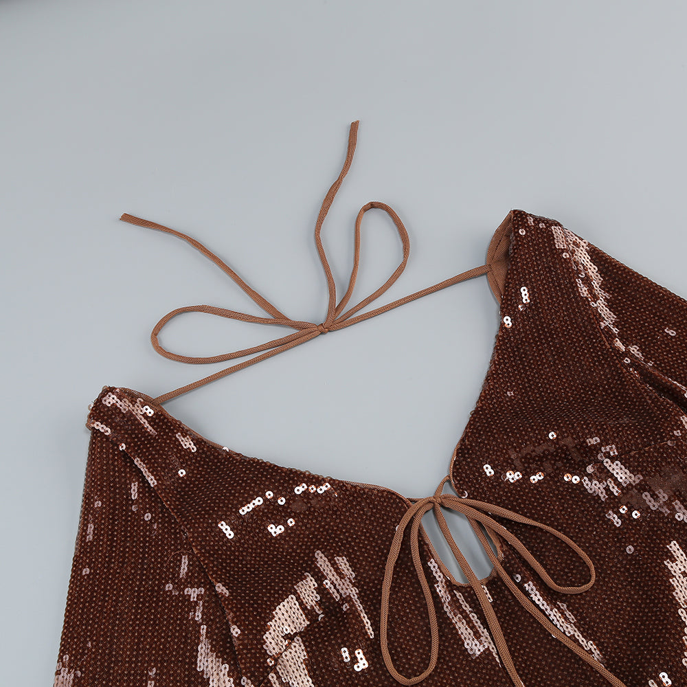 Long Sleeve Sequin Backless Dress Brown