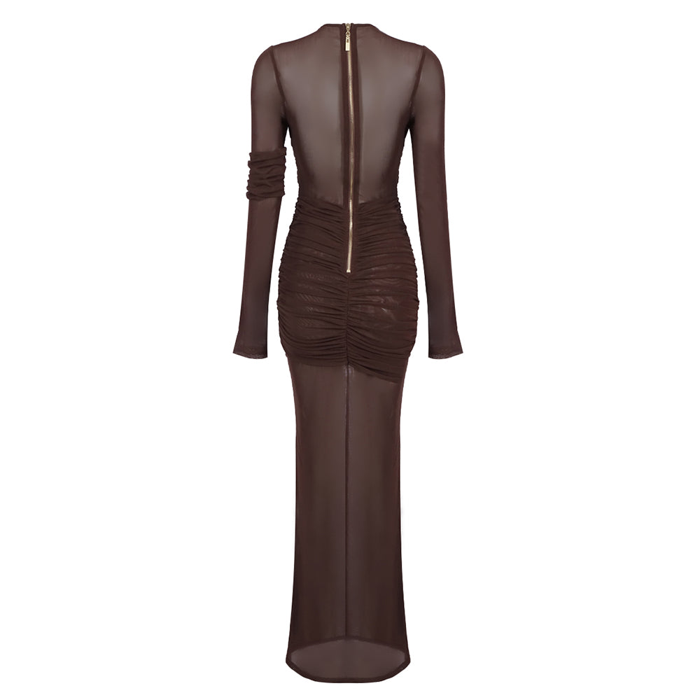 Long Sleeve Mesh Insert Draped Maxi Dress Brown HV1977