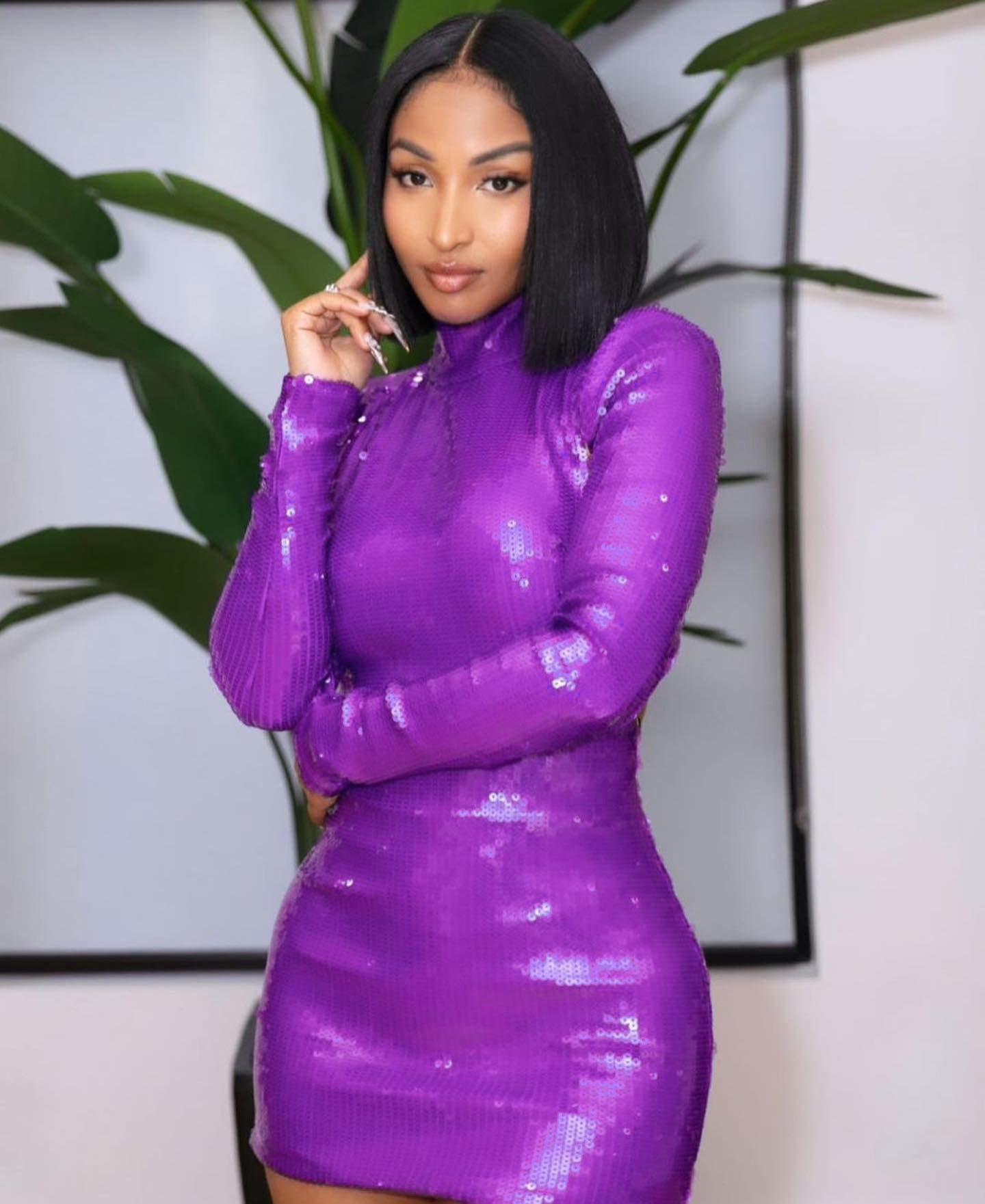 Long Sleeve Sequin Backless Dress Purple HV1009