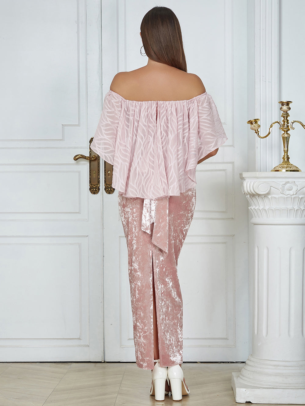 Ruffle Off Shoulder Maxi Velvet Dress Pink HV9754