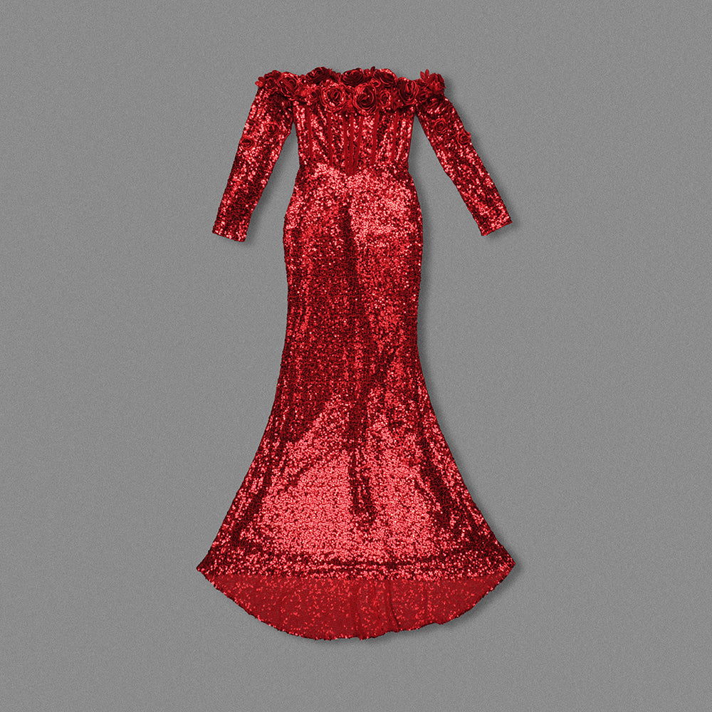 Long Sleeve Floral Bardot Sequin Maxi Dress Red HV1798