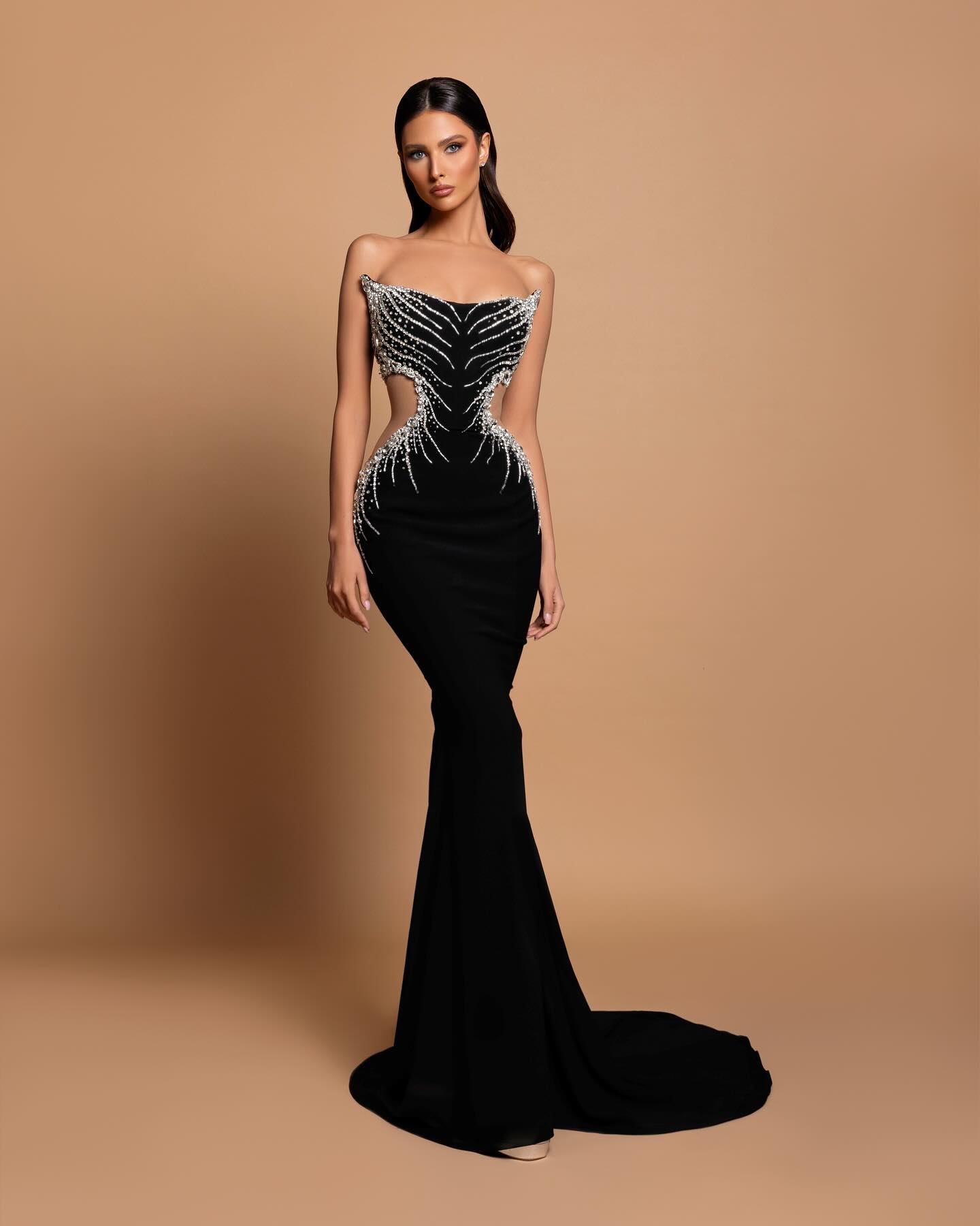 Strapless Crystal Mesh Maxi Dress Black HV1726