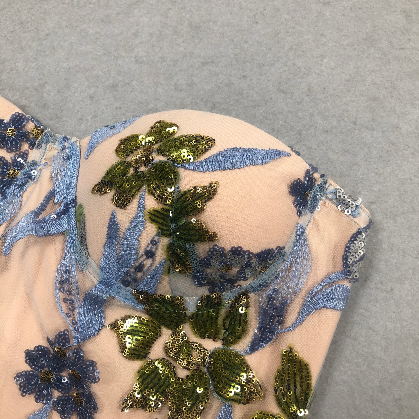 Strapless Sequin Embroidered Floral Maxi Dress Blue HV2099
