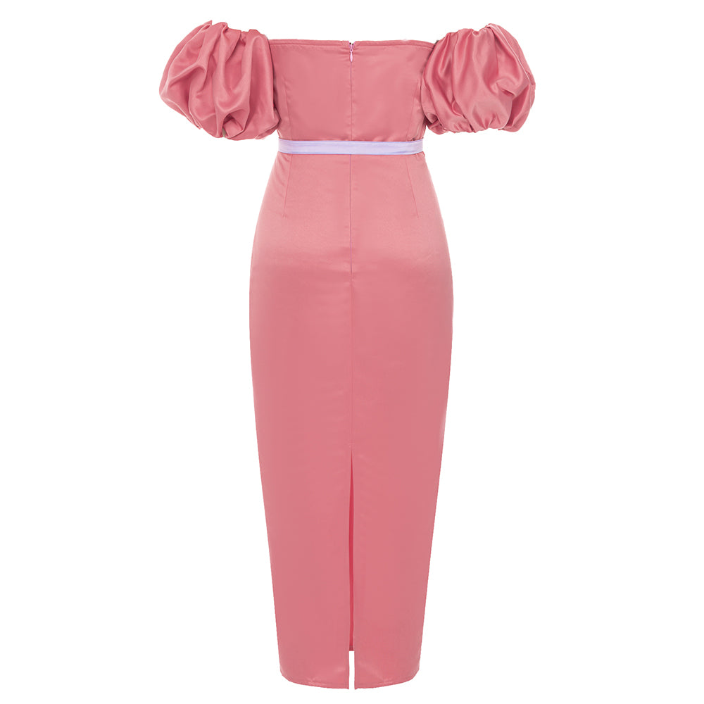 Puff Sleeve Off Shoulder Midi Dress Pink Lavender HV9376
