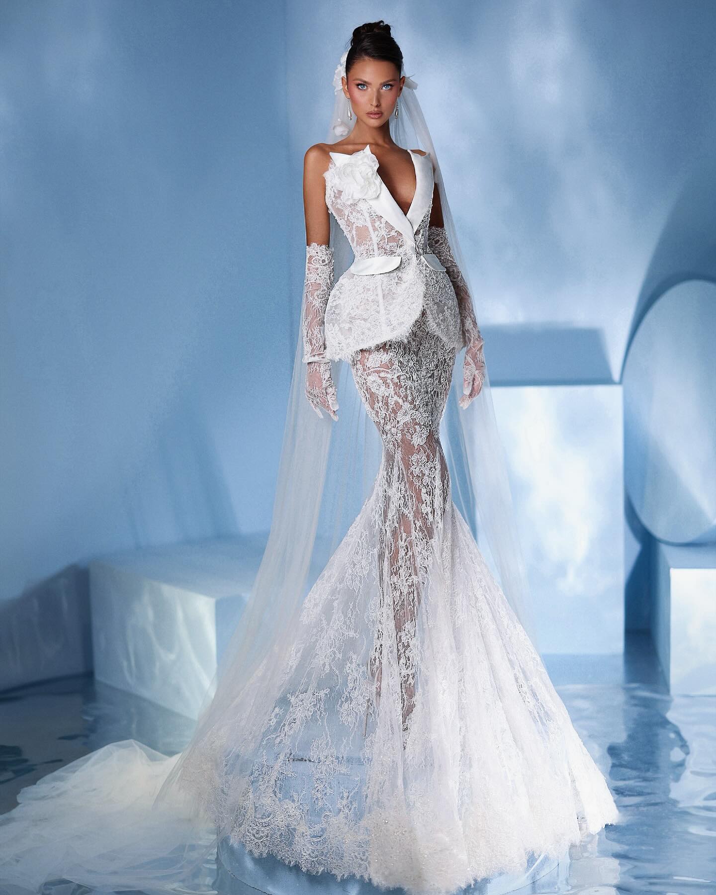 Strapless Lace Mermaid Maxi Dress White HV1318