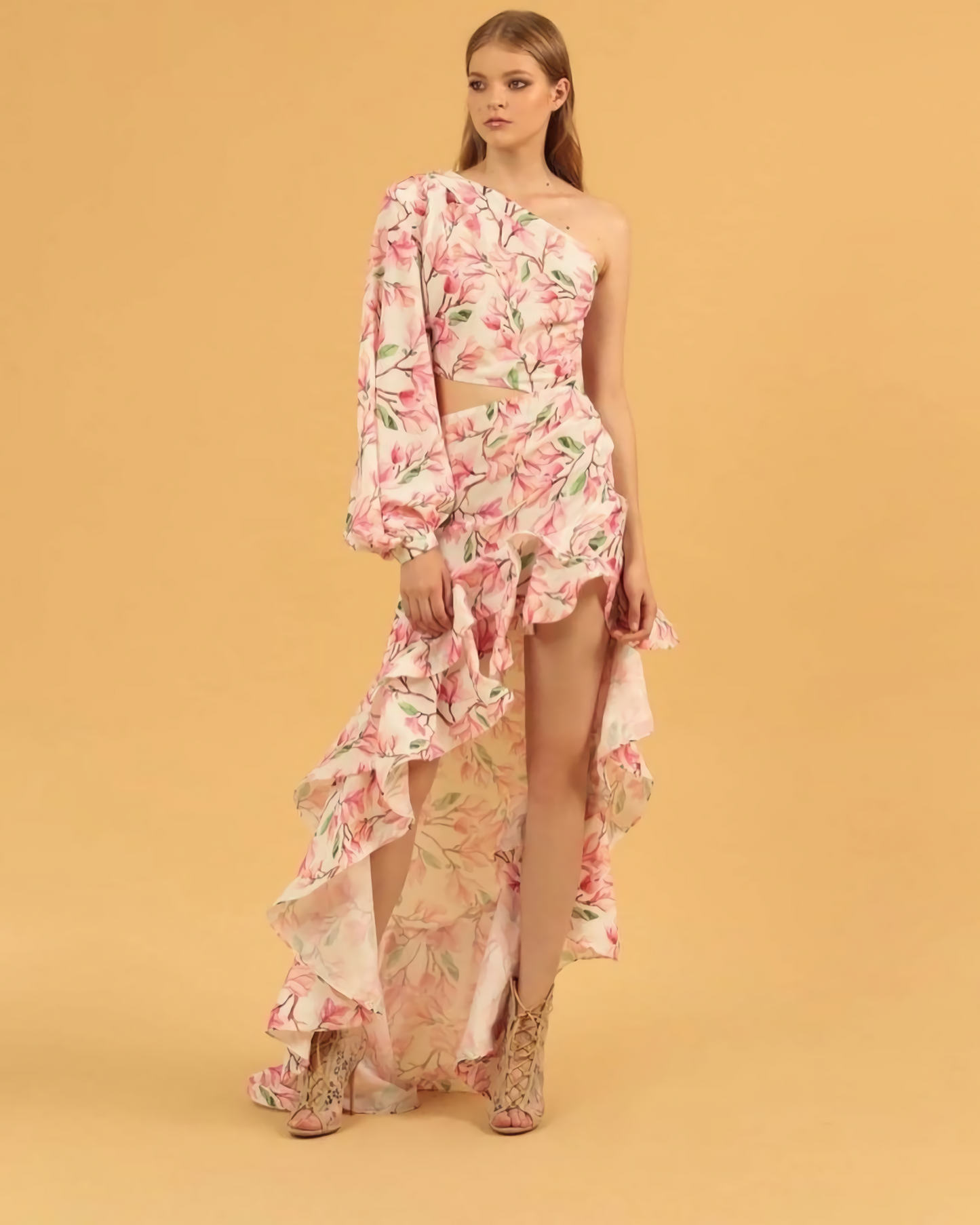 One Sleeve Floral Ruffle Maxi Dress Rose Pink HV1367
