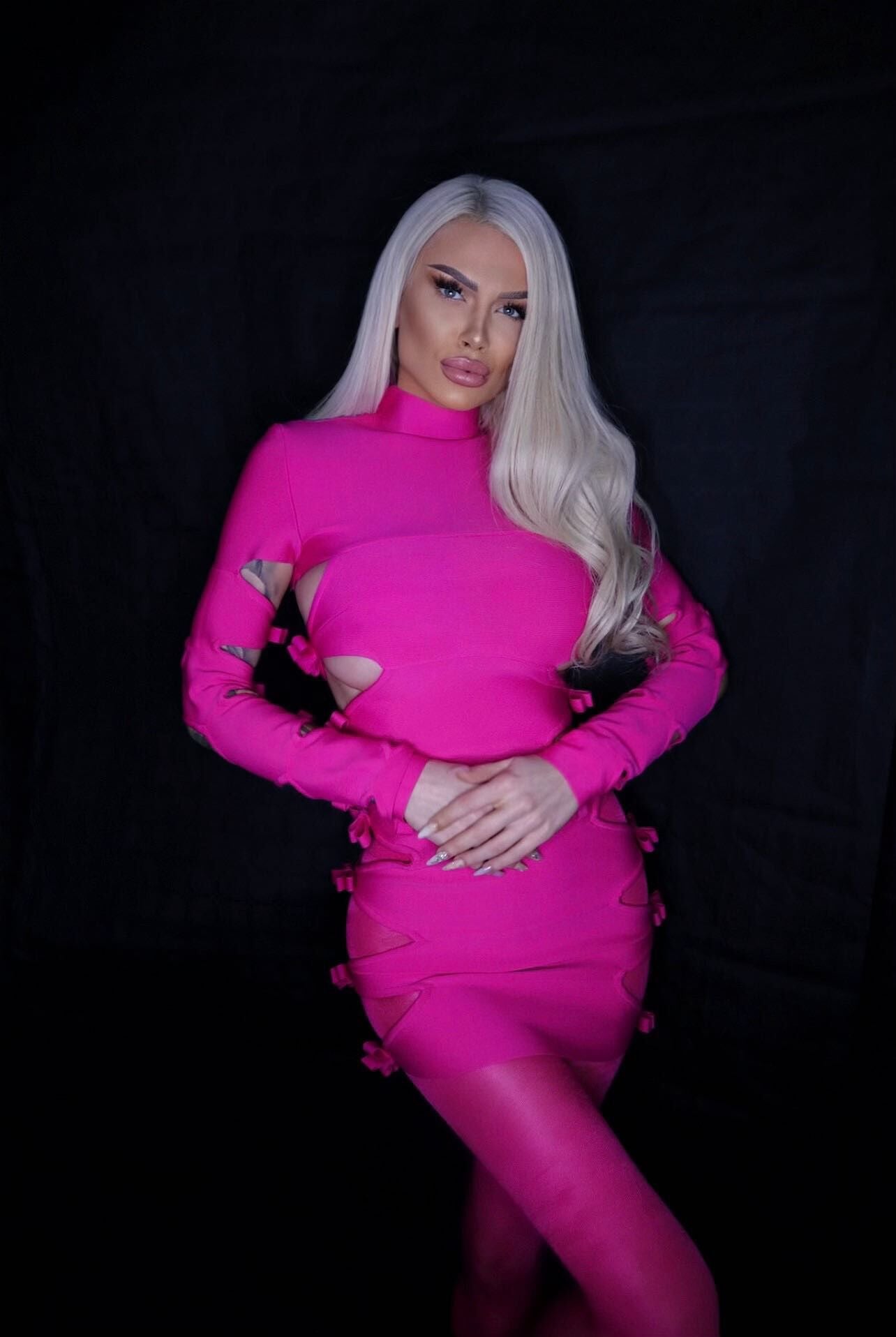 Long Sleeve Side Cut Out Dress Hot Pink HV9160
