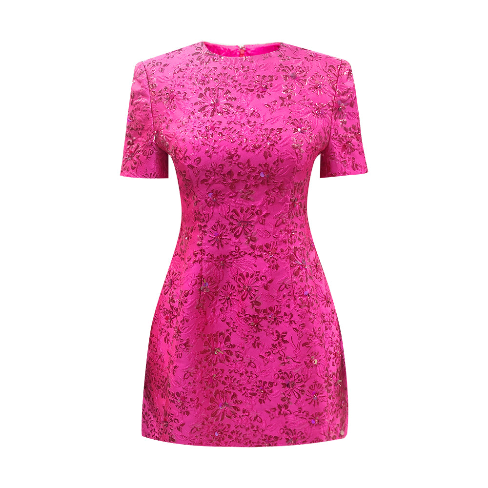 Short Sleeve Floral Sequin Dress Hot Pink HV1309
