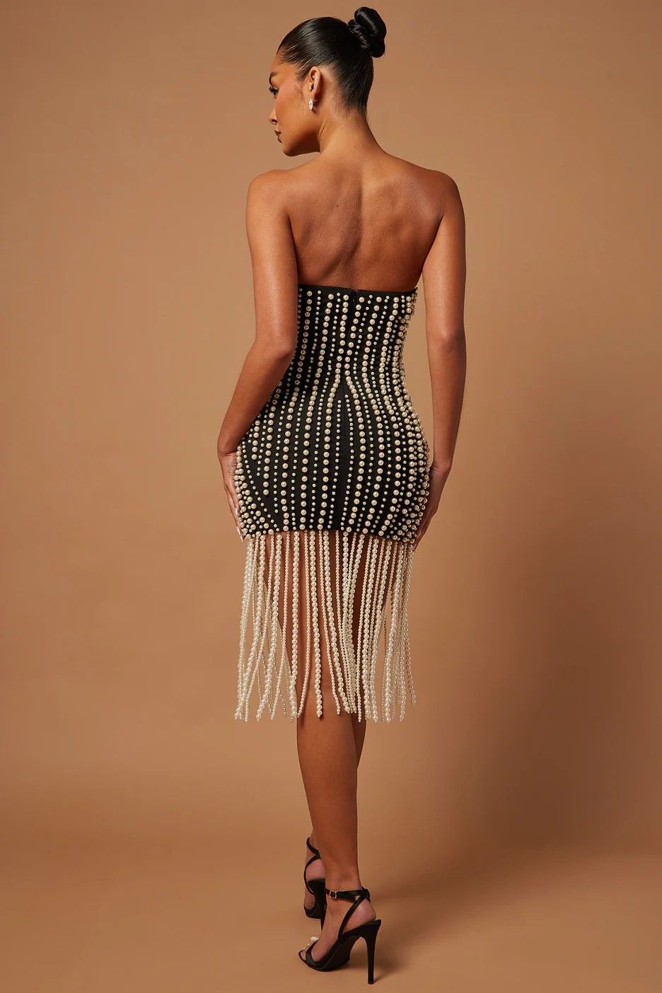 Strapless Bustier Pearl Tassel Midi Dress HV1353