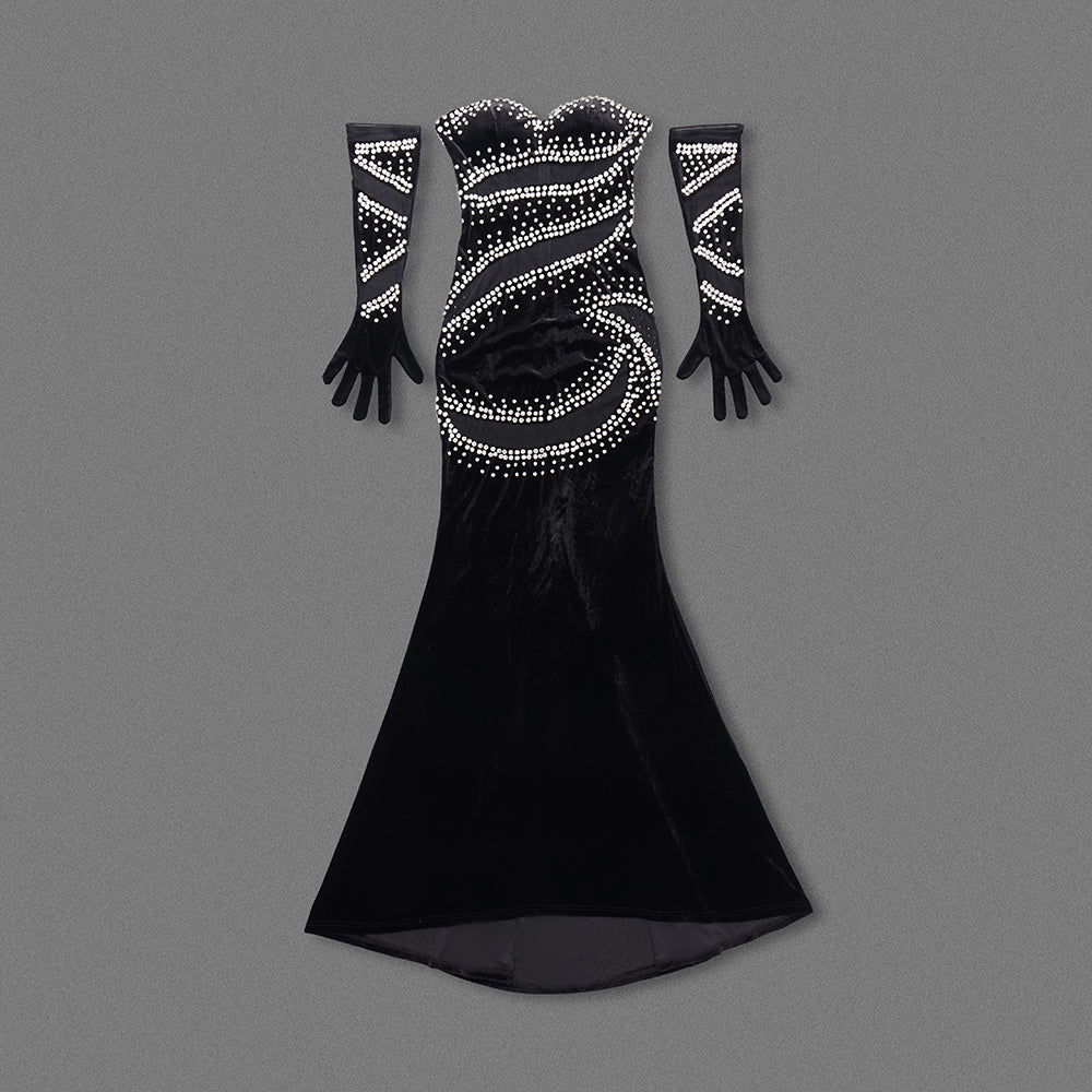 Strapless Crystal Mesh Maxi Velvet Dress Black HV1496