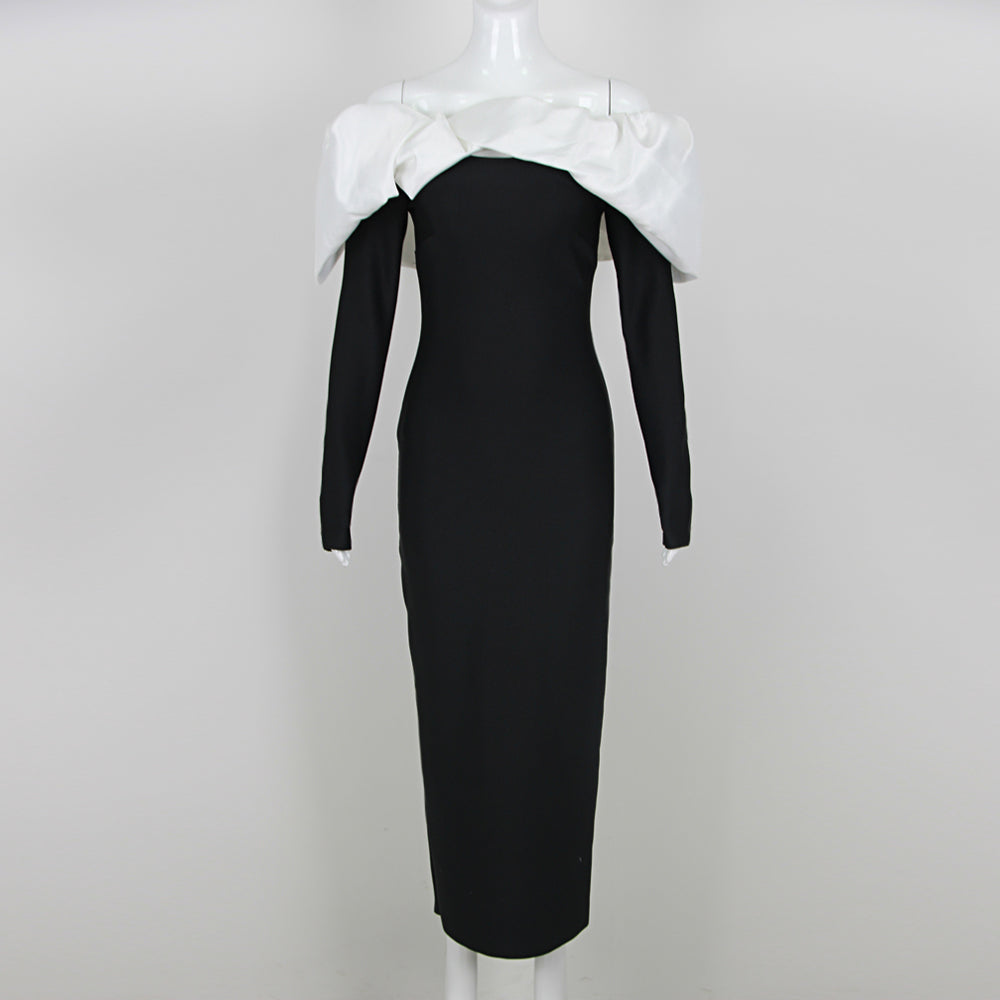 Long Sleeve Puff Bardot Midi Dress Black White HV1803