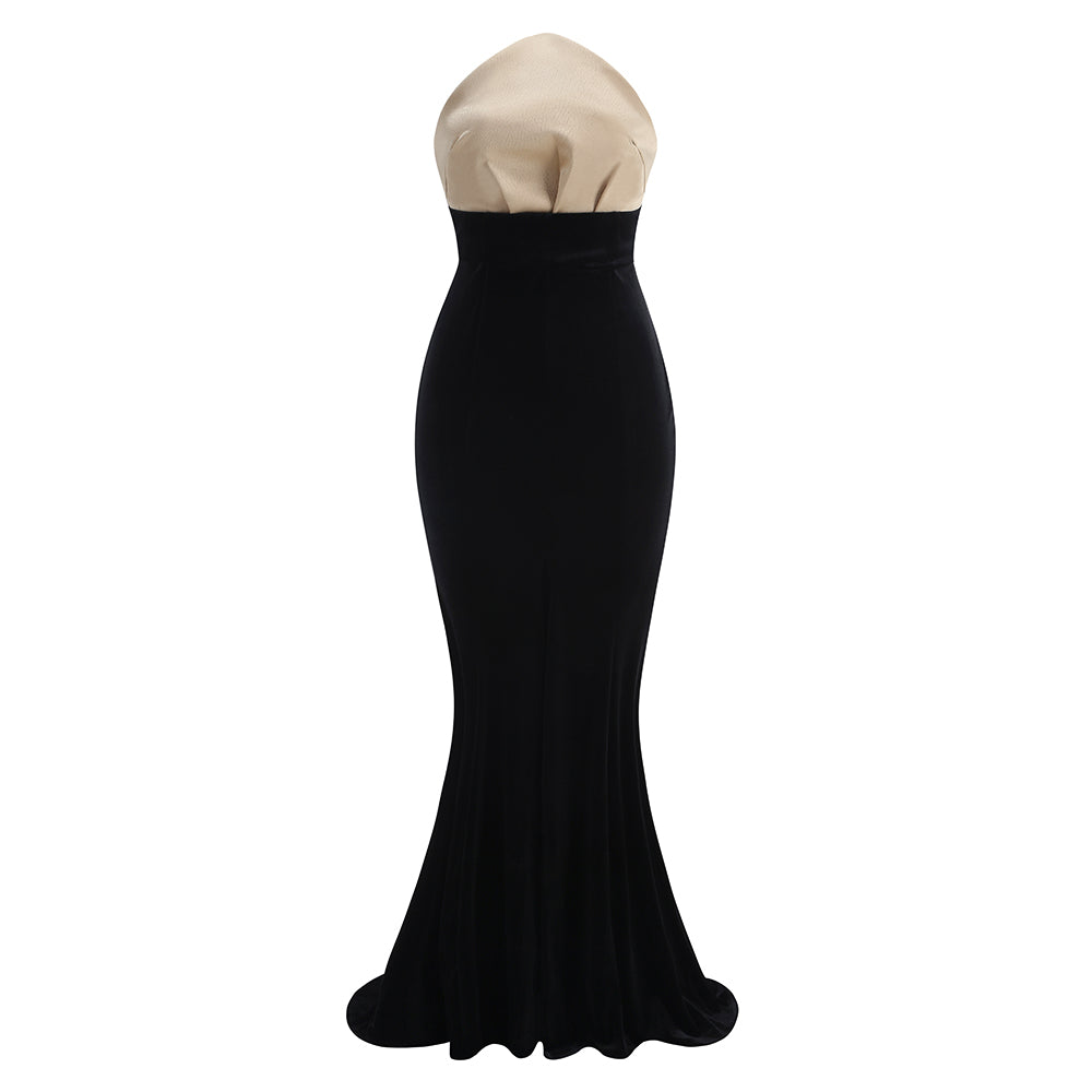 Strapless Mermaid Maxi Velvet Dress Black Ivory HV2111