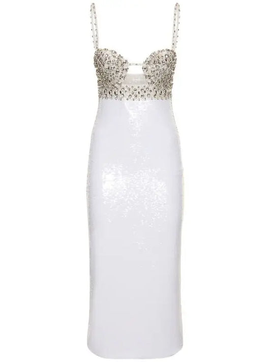 Crystal Bustier Sequin Midi Dress Nude White