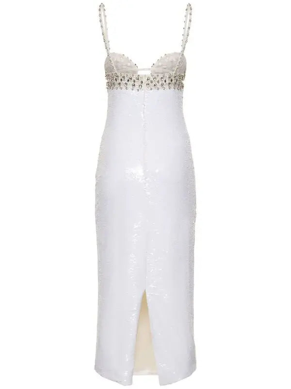 Crystal Bustier Sequin Midi Dress Nude White