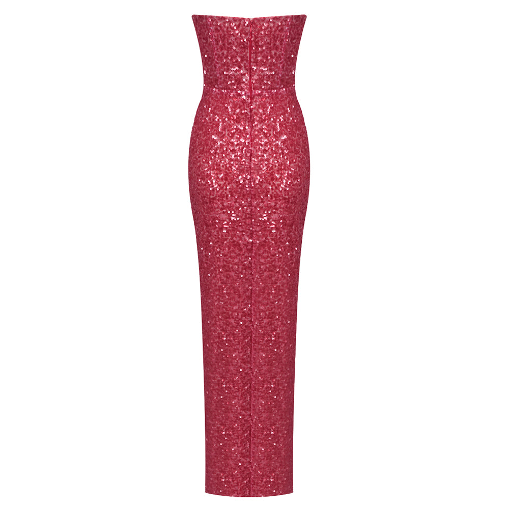 Strapless Crystal Sequin Maxi Dress Red HV1755