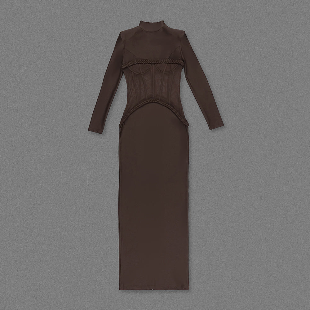 Long Sleeve Structured Mesh Maxi Dress Brown HV2648