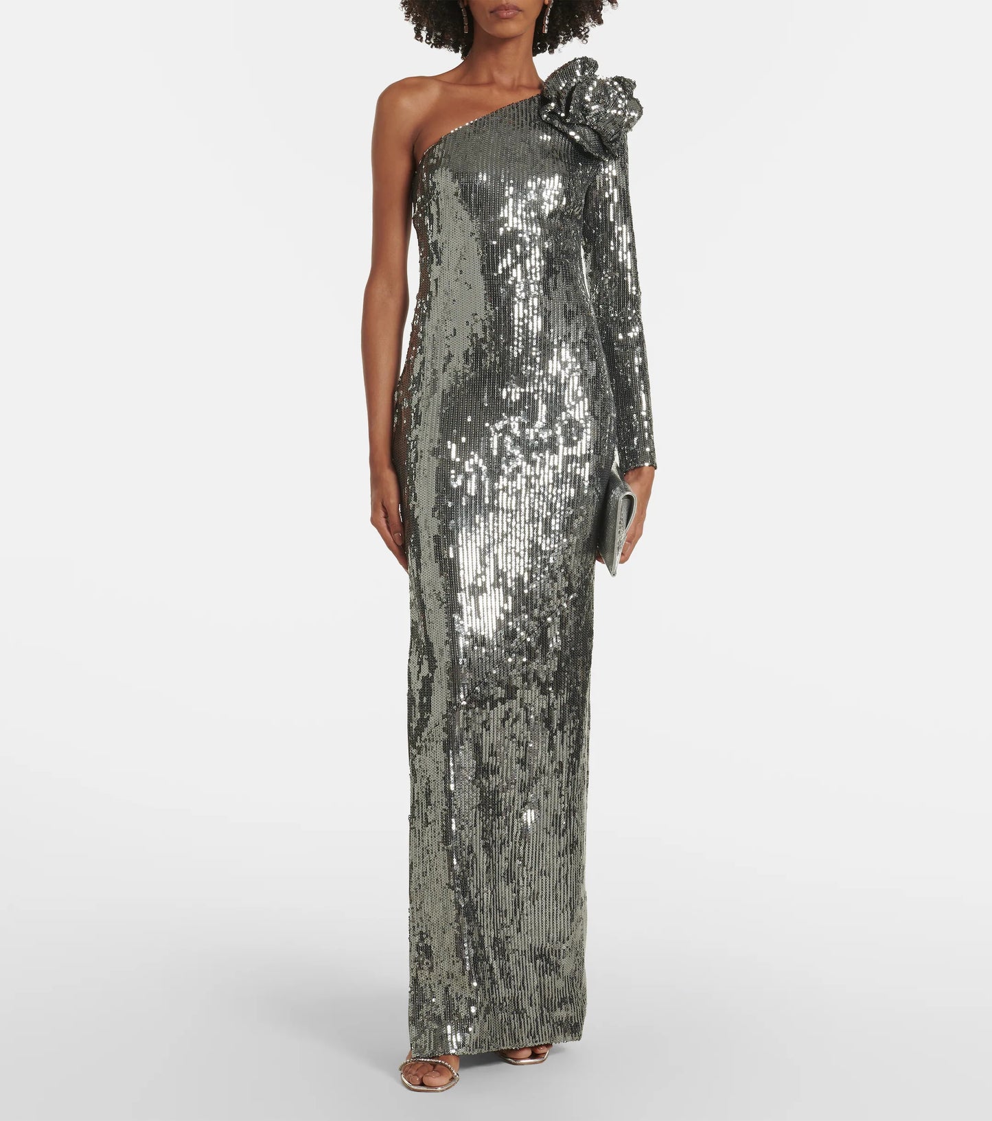 Long Sleeve Floral Sequin Maxi Dress Silver HV1084