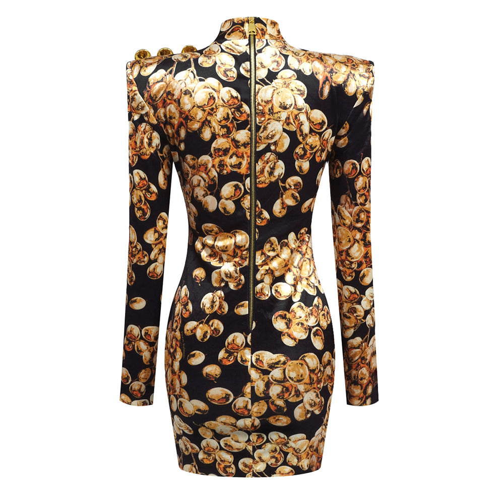 Long Sleeve Printed Dress Gold Black HV1859