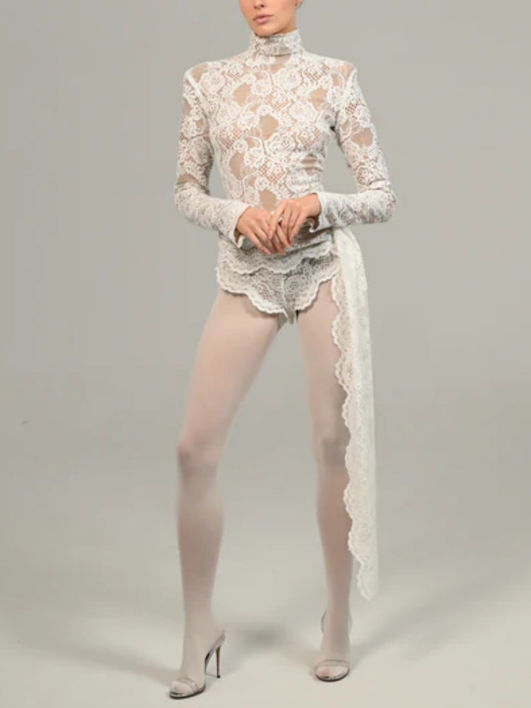 Long Sleeve Draped Lace Bodysuit White HV1546