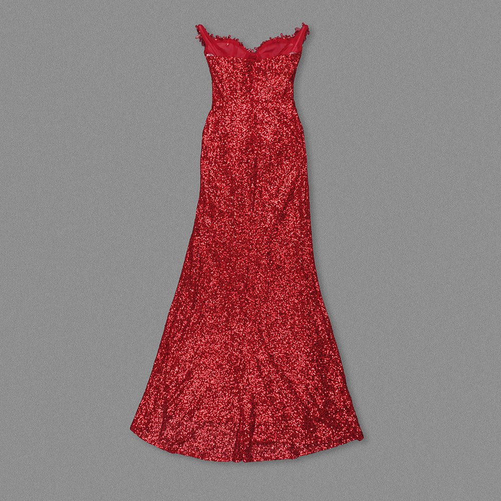 Strapless Crystal Bustier Sequin Maxi Dress Red HV179