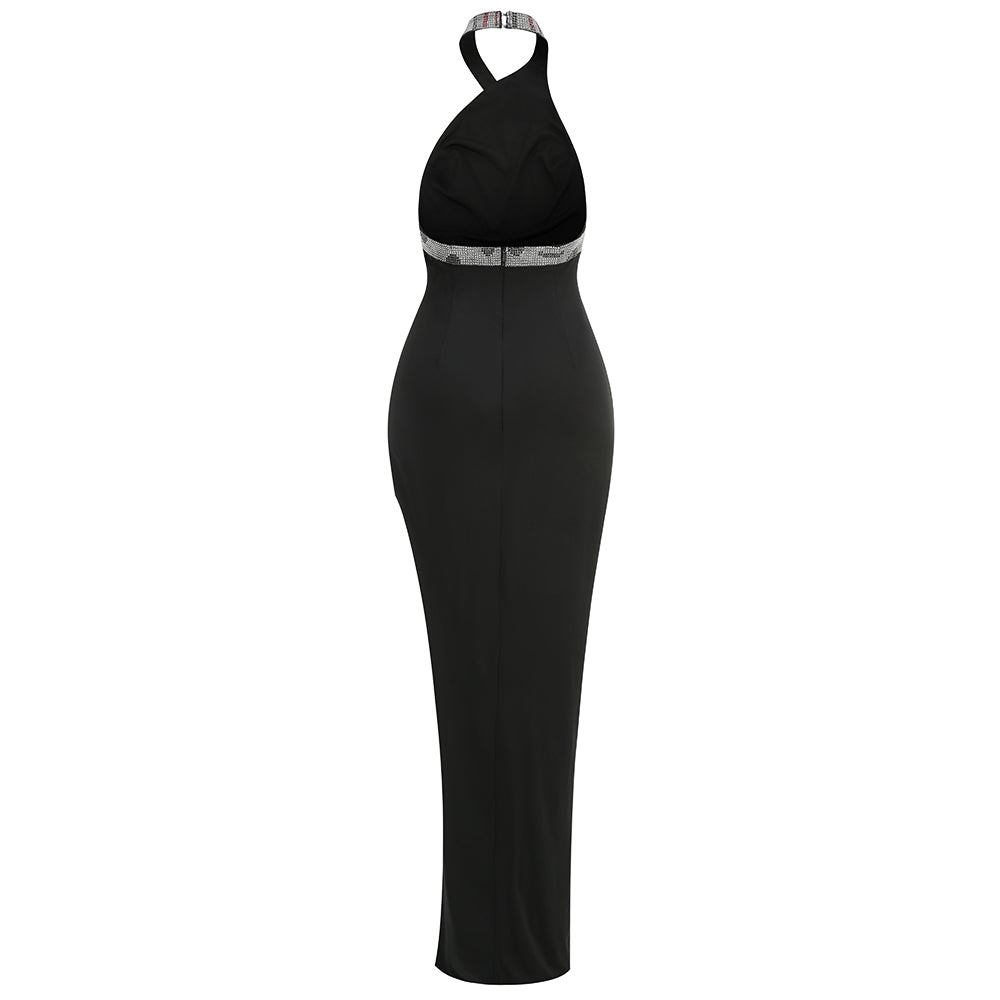 Halter Crystal Snake Maxi Dress Black HV1706