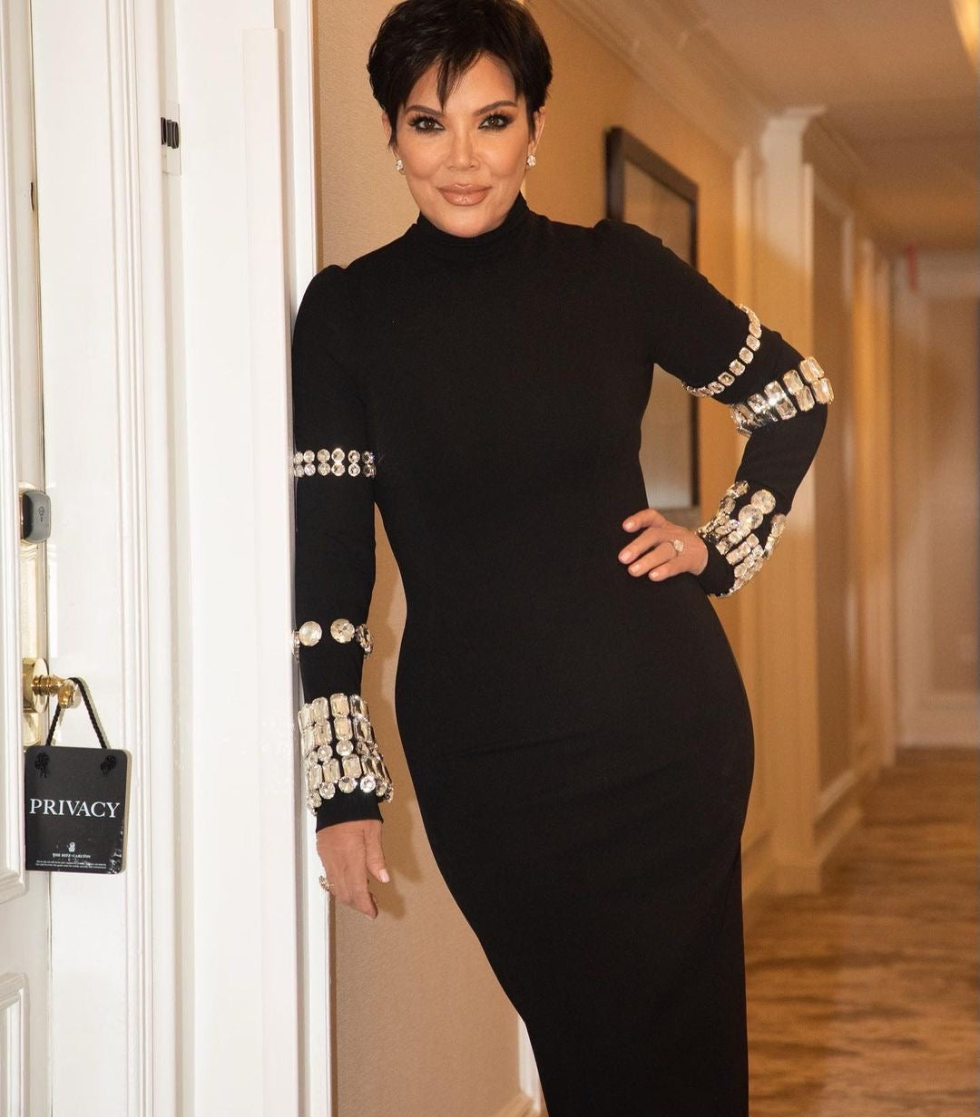 Crystal Long Sleeve Midi Dress Black HV9819