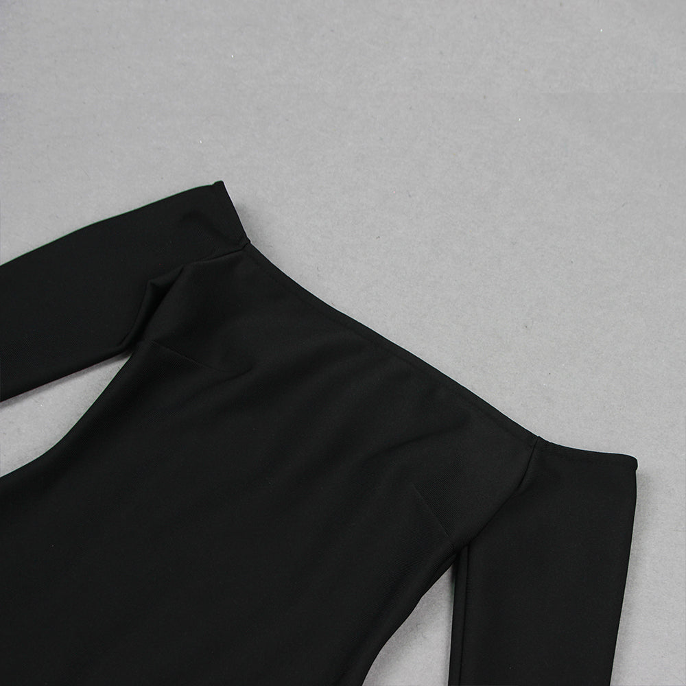 Long Sleeve Puff Bardot Midi Dress Black White HV1803