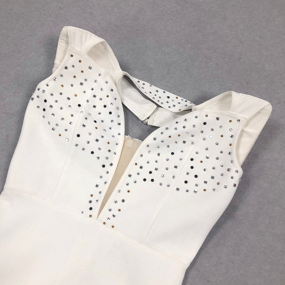 Crystal Embellished Feather Hem Dress White HV1471