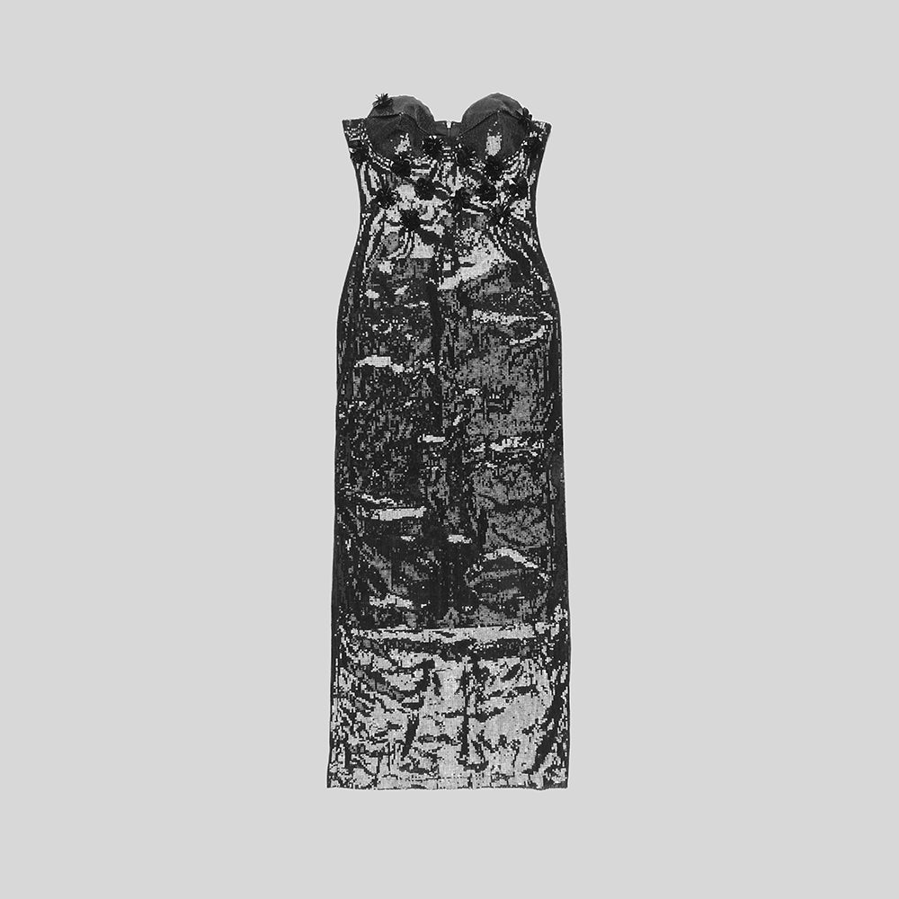 Strapless Bustier Detail Sequin Maxi Dress Black HV9722