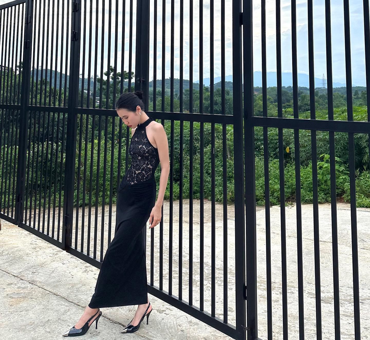 Halter Lace Draped Maxi Dress Black HV1721