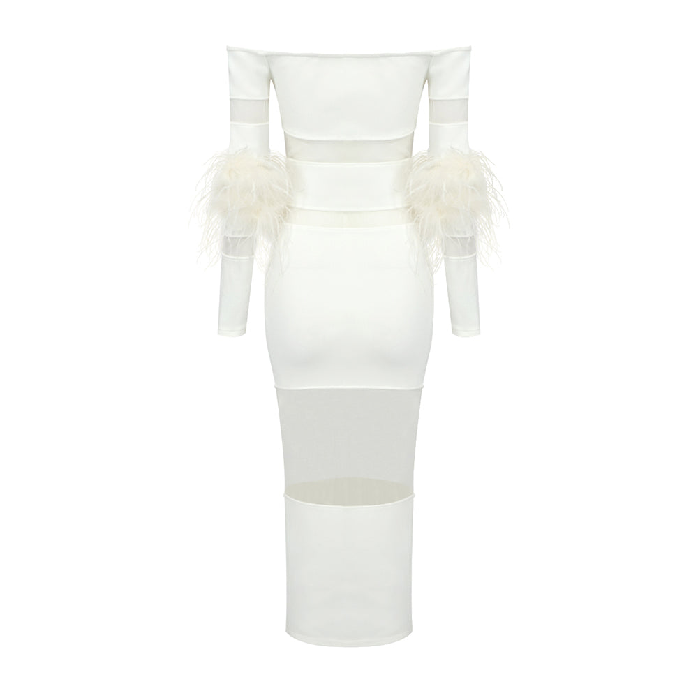 Feather Long Sleeve Off Shoulder Midi Dres HV9566