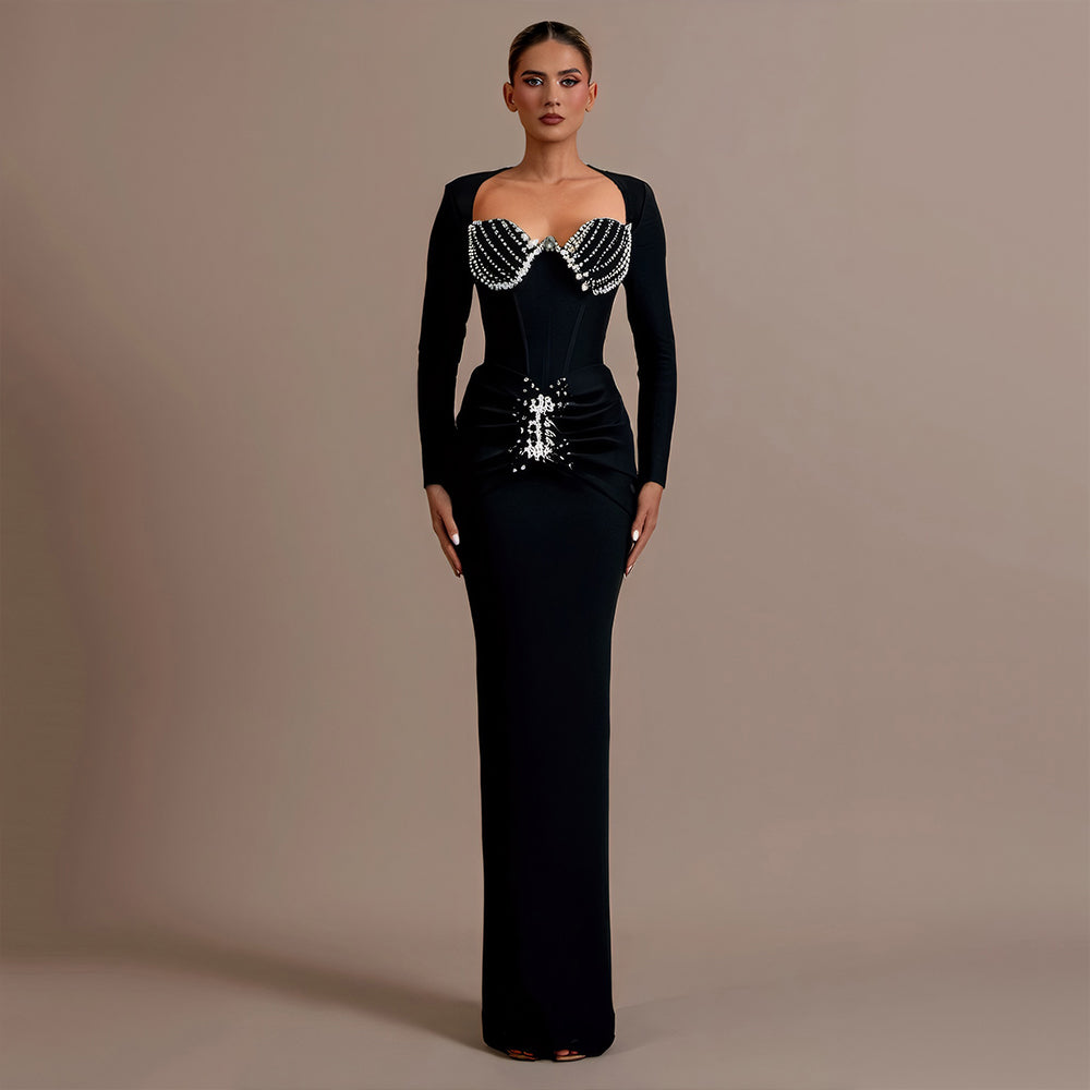 Long Sleeve Crystal Bustier Draped Maxi Dress Black HV2005