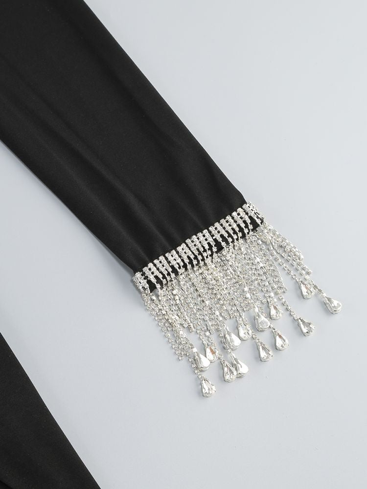 Long Sleeve Crystal Detail Draped Maxi Dress Black