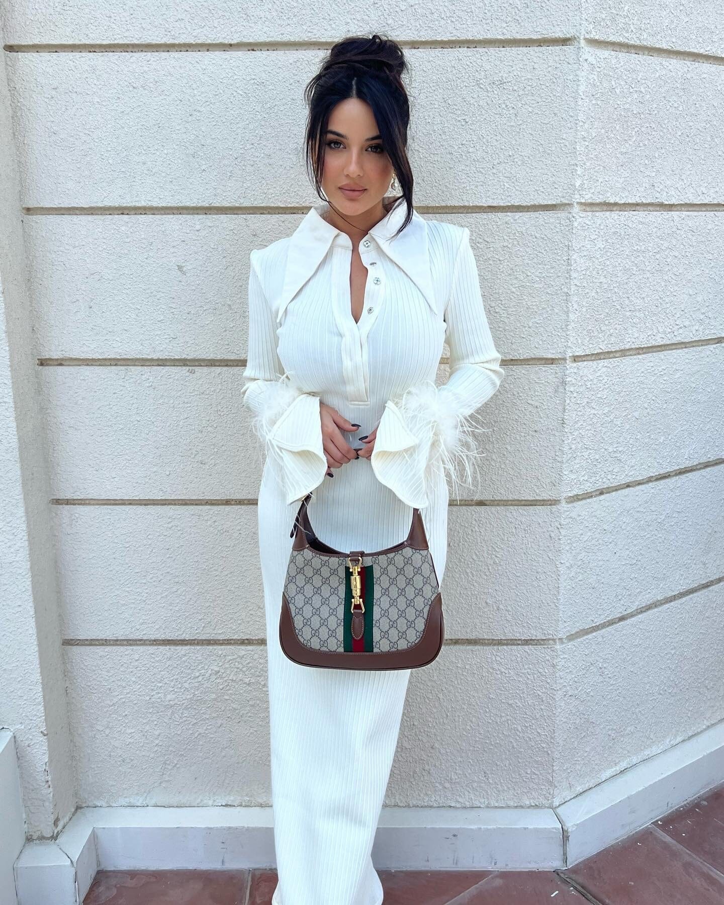 Long Sleeve Feather Ribbed Maxi Dress Ivory HV8975