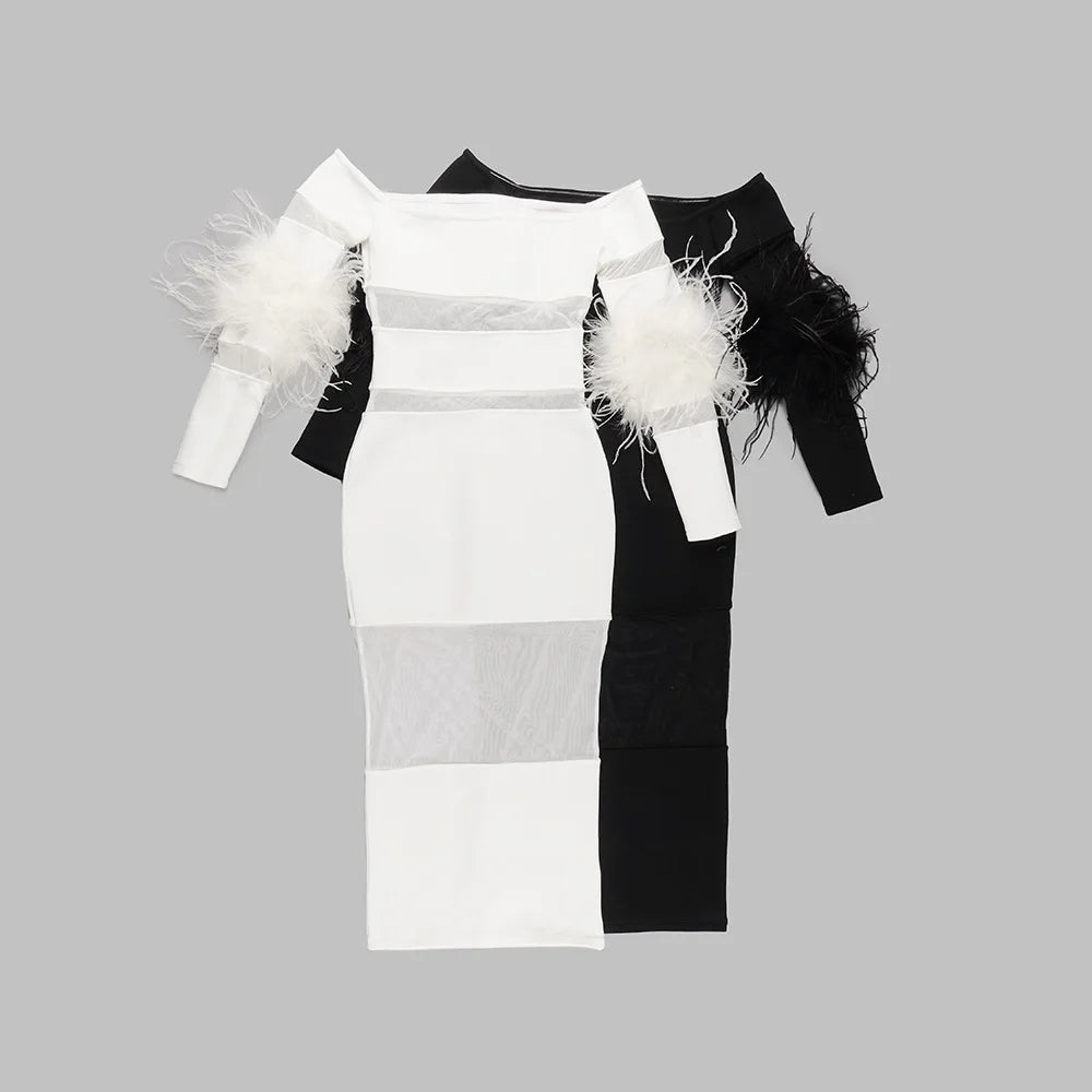 Feather Long Sleeve Off Shoulder Midi Dres HV9566