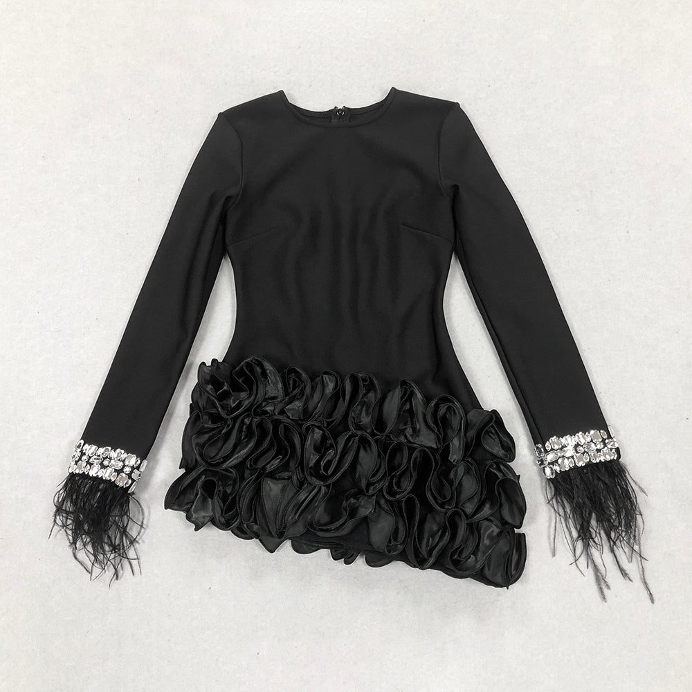 Crystal Feather Long Sleeve Ruffle Dress