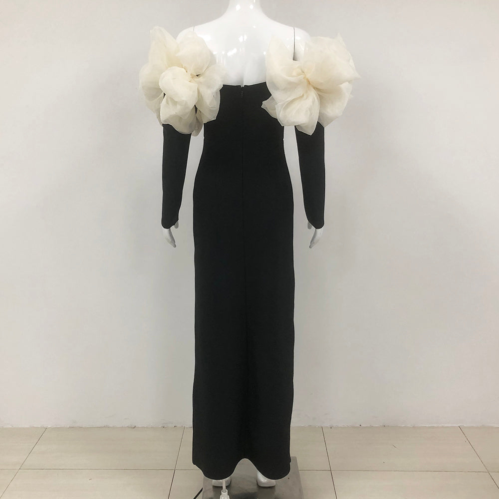 Long Sleeve Bardot Mesh Detail Maxi Dress HV1803