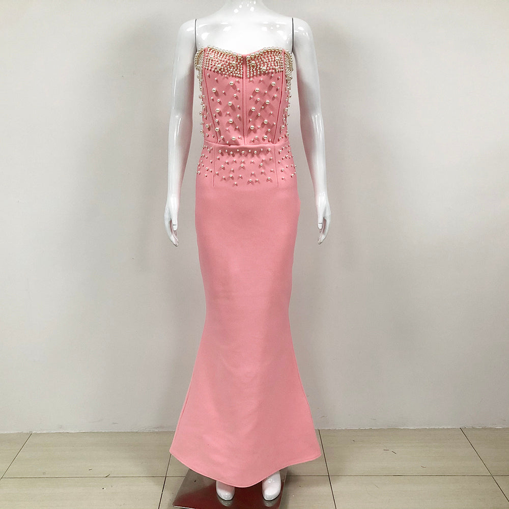 Strapless Pearl Detail Maxi Dress HV1327