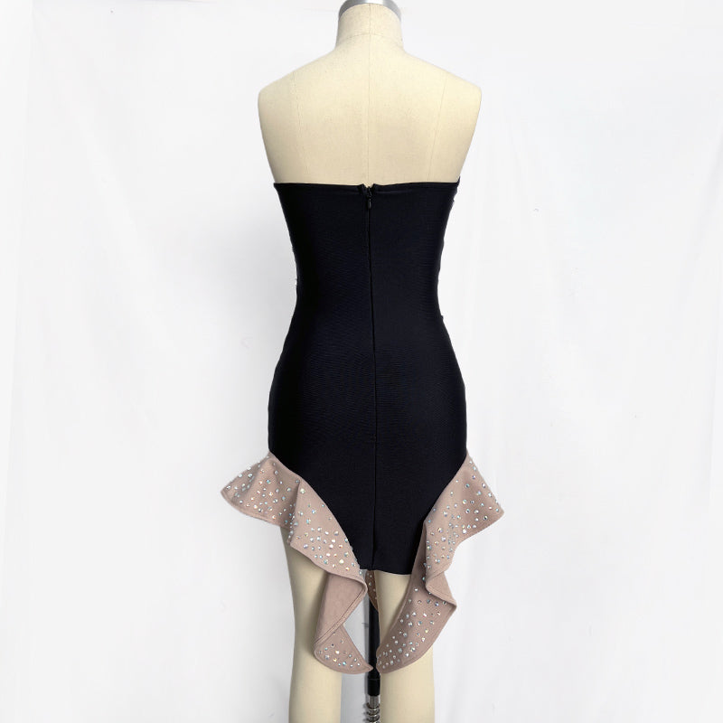 Strapless Crystal Ruffle Dress Black Nude HV1702