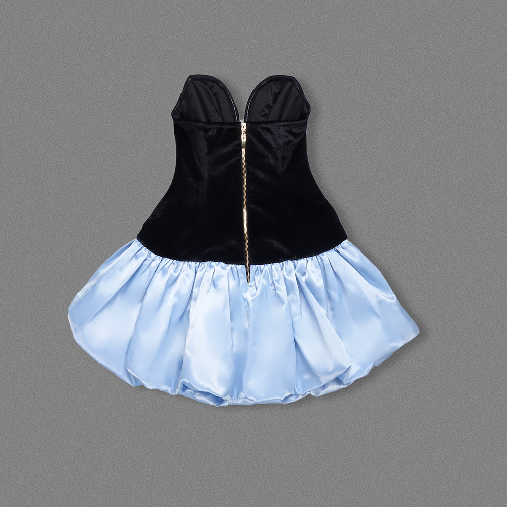 Strapless Bow Detail Puff Dress Black Blue HV2617