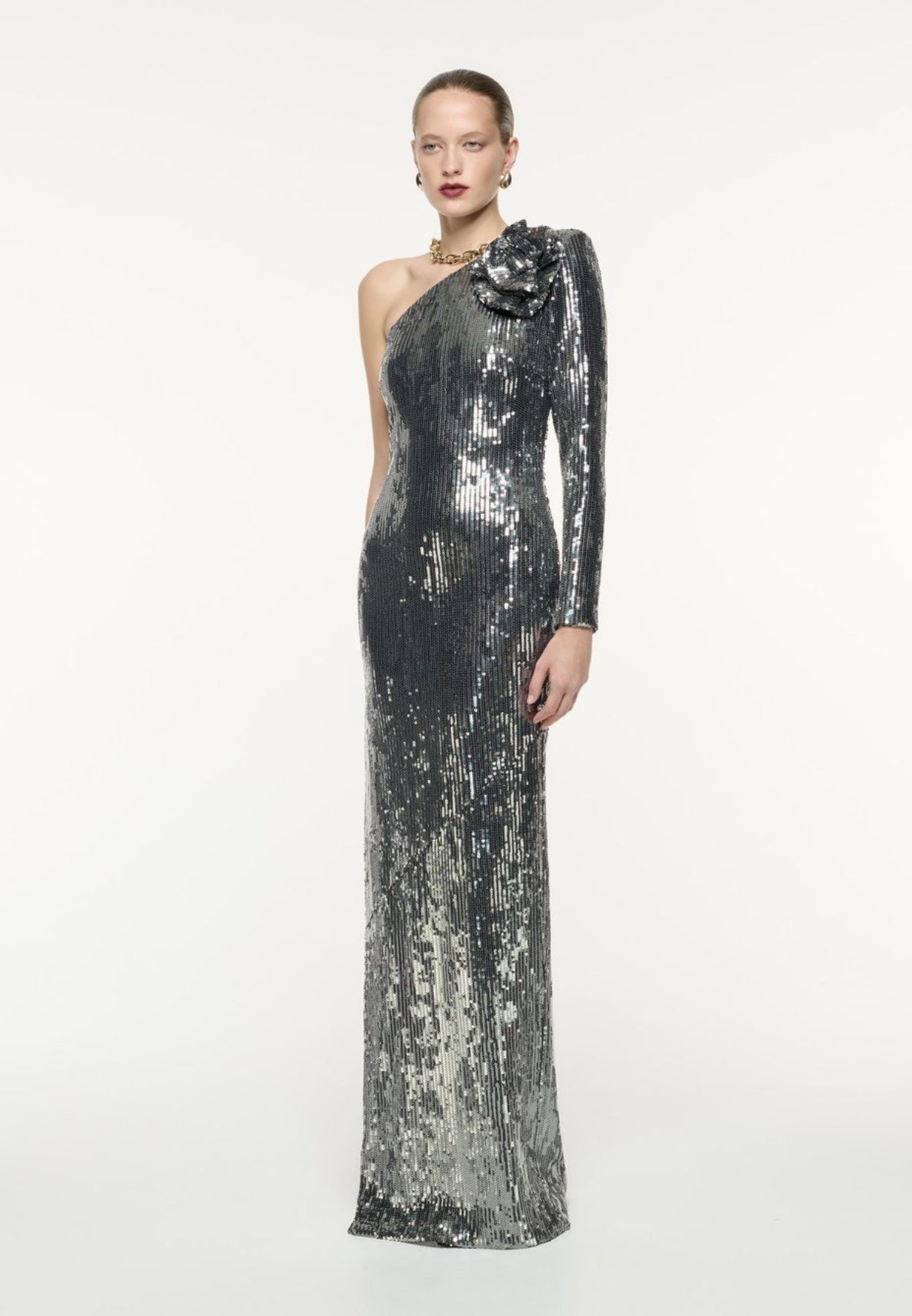 Long Sleeve Floral Sequin Maxi Dress Silver HV1084