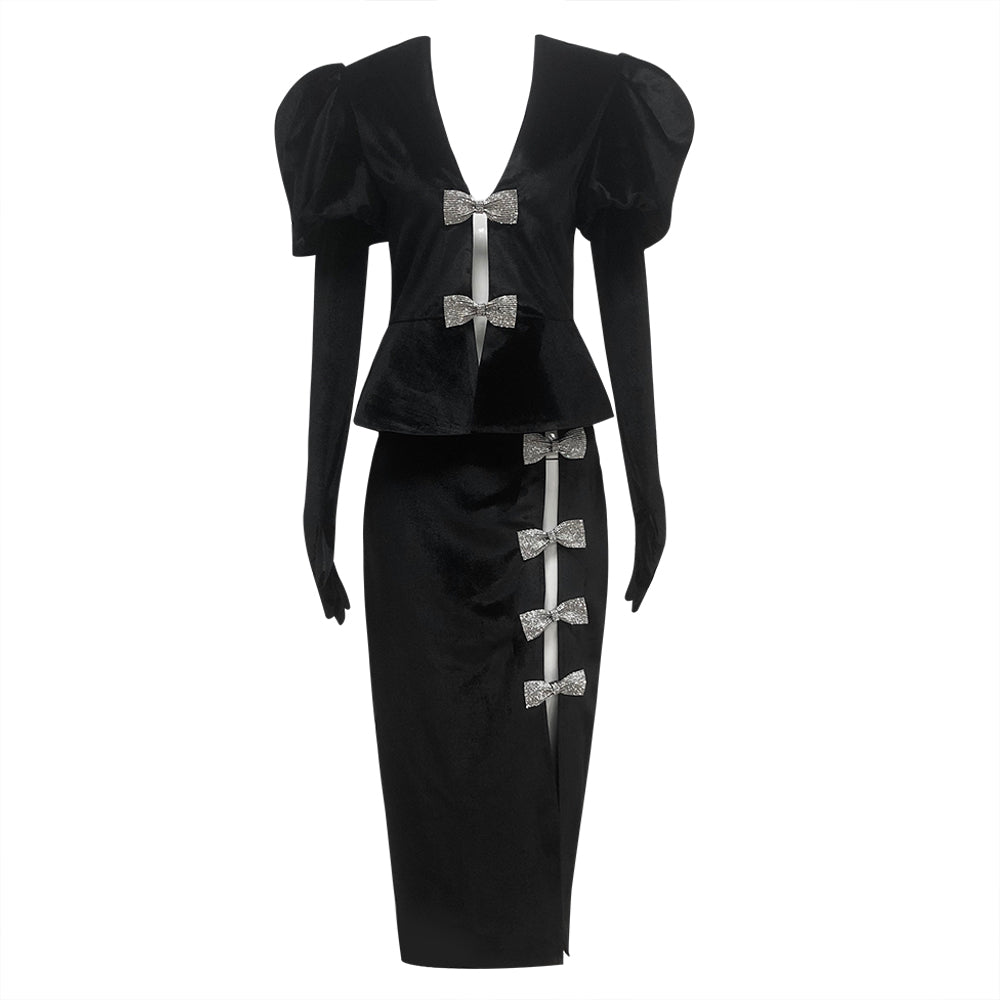 Short Sleeve Crystal Bow Midi Two Piece Velvet Dress Black HV2097