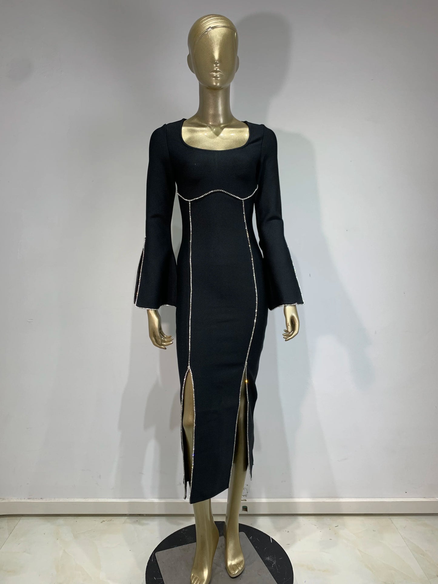 Long Sleeve Crystal Trim Midi Dress Black