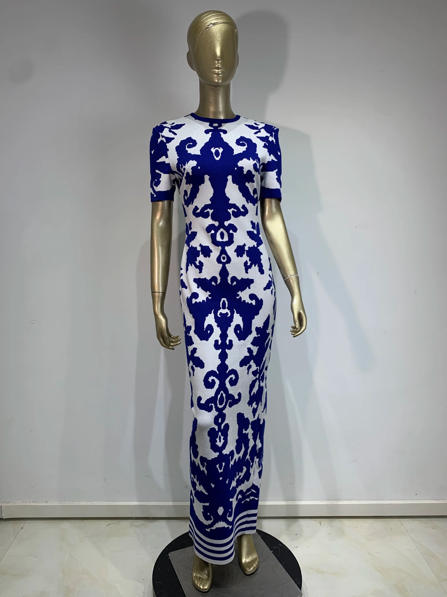 Short Sleeve Printed Maxi Dress Blue White HV1737