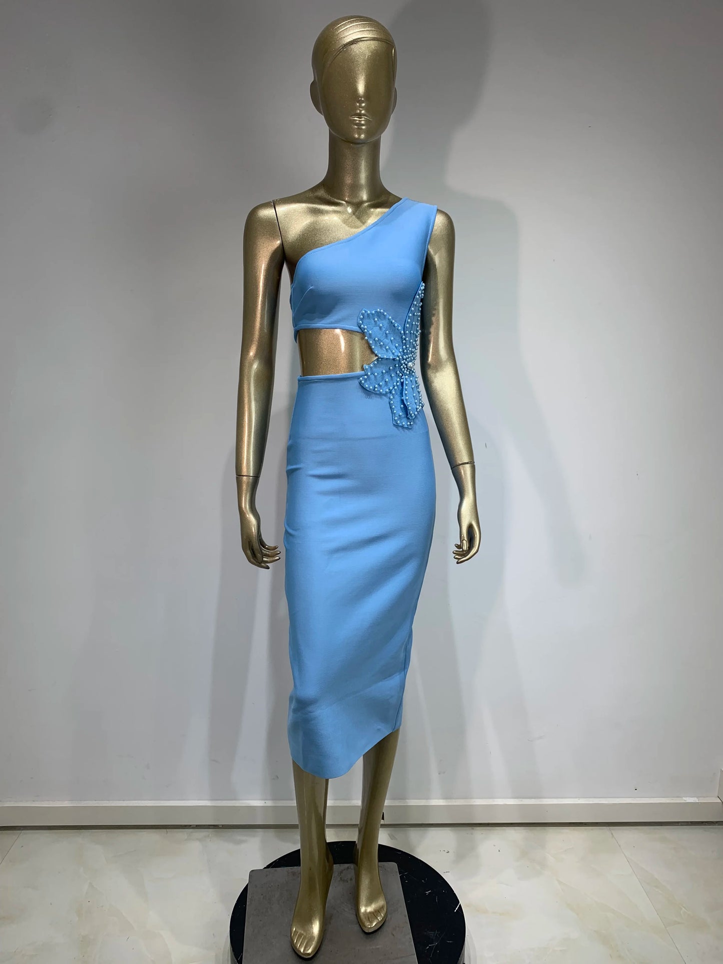 One Shoulder Pearl Flower Midi Dress Blue HV1188