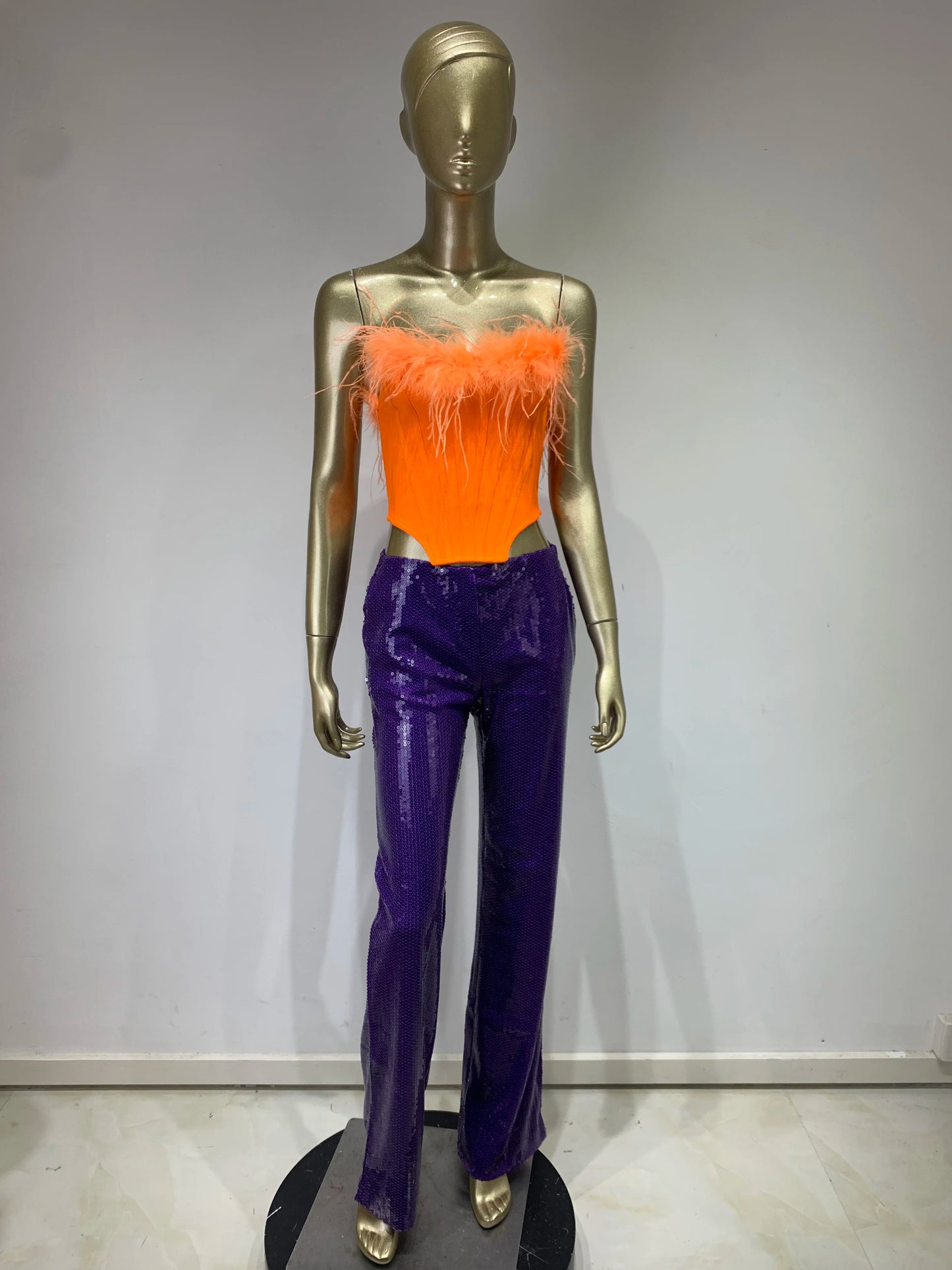 Strapless Feather Two Piece Jumpsuit Orange Purple HV9937